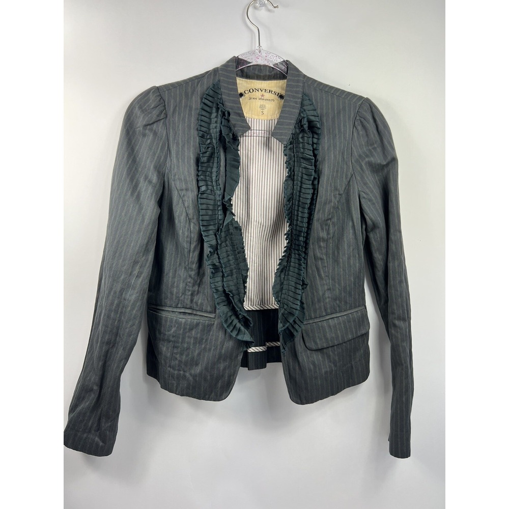 Converse Jacket Women S Gray Green Ruffle Front Long Sleeve Pockets Cotton Blend